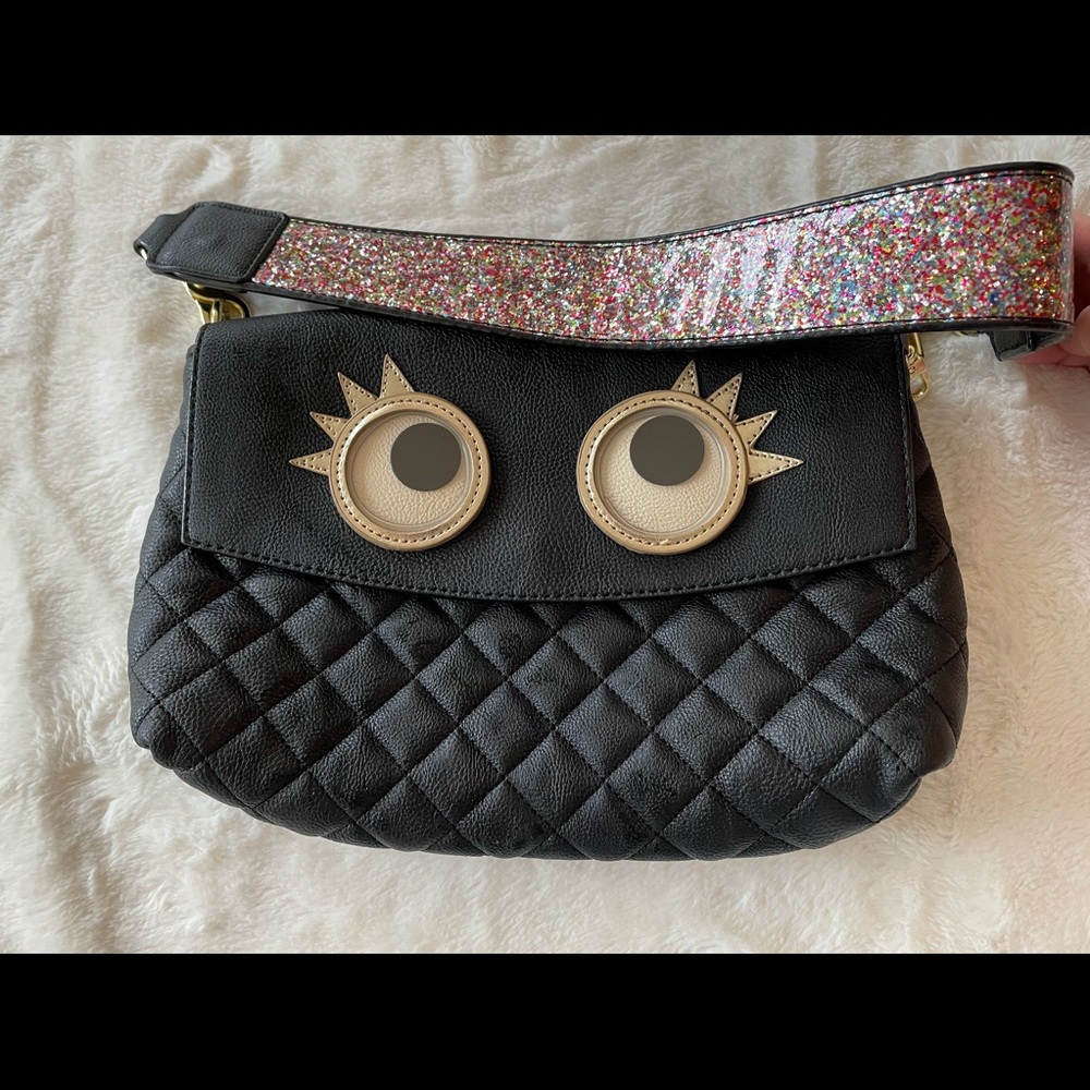 Betsey Johnson Dreamworks Trolls XOX Black Quilted Leather Googly Eye Handbag